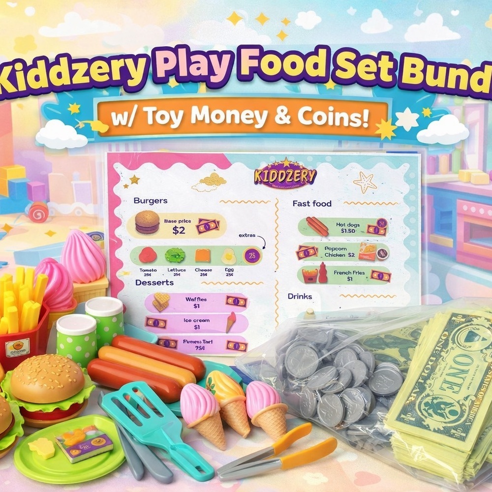 Kiddzery Play Food Set Bundle w/ Toy Money Coins Play